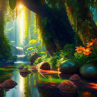 Enchanted forest with waterfall, sunbeams, and floral reflections