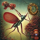 Steampunk-style illustration featuring mechanical ant, gears, flowers, and robotic snail.