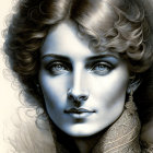 Detailed monochromatic illustration of woman with voluminous curly hair and elegant attire.