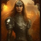 Regal warrior woman in ornate armor with jeweled headpiece in fantasy landscape.