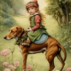 Child in whimsical attire riding large dog through flower-filled meadow