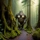 Muscular fantasy creature with horns and flame in misty forest