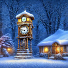 Ornate clock tower in snowy night landscape