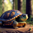 Colorful Turtle with Intricate Shell in Sunlit Forest