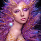 Mystical woman in purple and gold feathered attire with gem on forehead in starry scene