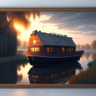 Serene houseboat scene at twilight with warm glow