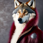 Stylized portrait of a wolf in a red and purple cloak