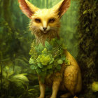 Golden-furred fox-like creature with leafy green foliage in enchanted forest