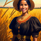 Traditional attire woman with blue hat in golden wheat field wearing gold jewelry