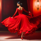 Elegant woman in flowing red dress twirls in well-lit room