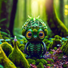 Colorful forest creature with large eyes in mossy forest landscape