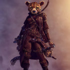 Elaborate steampunk costume with jaguar mask and gadgets pose dramatically