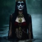 Dark Gothic Makeup and Ornate Jewelry in Misty Water Scene