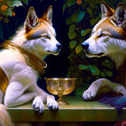 Anthropomorphized husky-like dogs in golden armor with chalice on floral backdrop