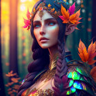 Digital artwork: Elf with leafy crown in mystical forest