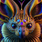 Colorful digital artwork: Mythical creature with intricate horns and mask on fractal background