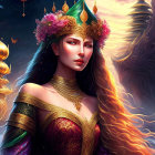 Ethereal woman with blue hair and golden crown in mystical landscape.