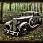 Vintage car abandoned in misty forest with sunlight filtering through trees