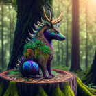 Colorful stag creature with moon orb and tree antlers in enchanted forest