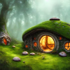 Enchanting forest scene with moss-covered hobbit-like house