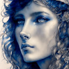 Woman with Blue Skin Patterns, Eyes, and Curly Hair Illustration