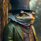 Anthropomorphic frog in Victorian attire leaning on tree trunk