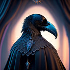 Majestic raven with pendant on purple drapery