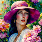 Woman in Purple Hat Surrounded by Vibrant Pink Flowers