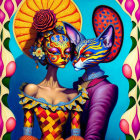 Colorful digital art: Woman and cat in masks and costumes on floral blue backdrop