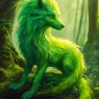 Mystical green wolf-like creature in sunlit forest with leaf fur