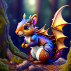 Vibrant dragon-squirrel hybrid in enchanted forest