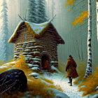 Snowy forest clearing with stone cottage and autumn trees