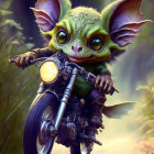 Colorful Creature Riding Mini Motorcycle in Forest Scene