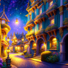 Quaint cobblestone street at night with lush greenery and ornate streetlamps