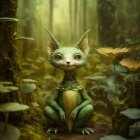 Whimsical cat-faced creature in mystical forest with tall trees