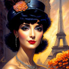 Stylized portrait of a woman with retro makeup and Eiffel Tower backdrop