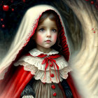 Young girl in red hooded cloak with white lace collar in forest with red berries