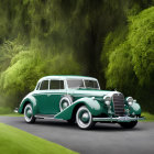 Vintage Green Car with Chrome Details Parked on Road Amid Lush Trees