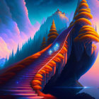 Vibrant digital artwork: Grand staircase on cliff with orange foliage under twilight sky