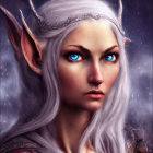 Female elf digital artwork with blue eyes, pointed ears, silver tiara, in mystical purple setting