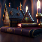 Miniature fairy-tale house model on book with lit candles in gothic library.