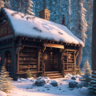 Winter Forest Cabin: Snow-covered, Glowing Windows at Dusk