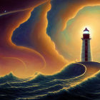 Lighthouse on Wave with Cosmic Nebulas and Comet