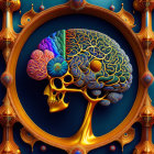 Human skull with ornate brain in golden frame on blue backdrop