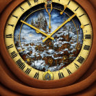 Snowy Medieval Town Scene Clock Face with Castle and Gold Hands