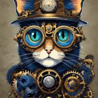 Steampunk-style blue-eyed cat with top hat and goggles among intricate gears