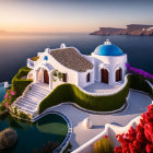 White villa with blue dome by the sea at sunset surrounded by greenery & flowers