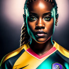 Detailed Braided Woman in Colorful Soccer Jersey with Confident Gaze