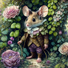 Elegant anthropomorphic mouse in jacket among lush foliage