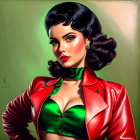 Vintage Pin-Up Style Woman in Green Blouse & Red Jacket